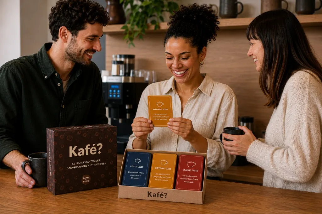 Collègues autour d’un café avec le jeu Kafé? visible